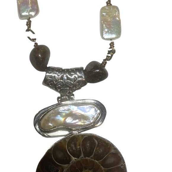 JMAX Handmade Ammonite Fossil & Mother of Pearl Silver Necklace Boho Nature - Picture 7 of 15
